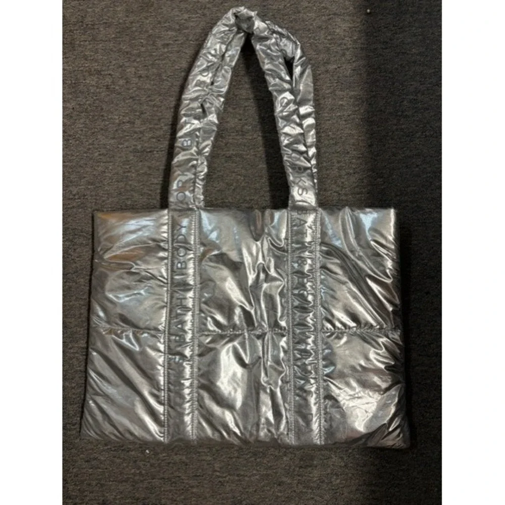 Bath & Body‎ Works Metallic Silver Puffer Tote Bag Quilted Logo Strap Handbag